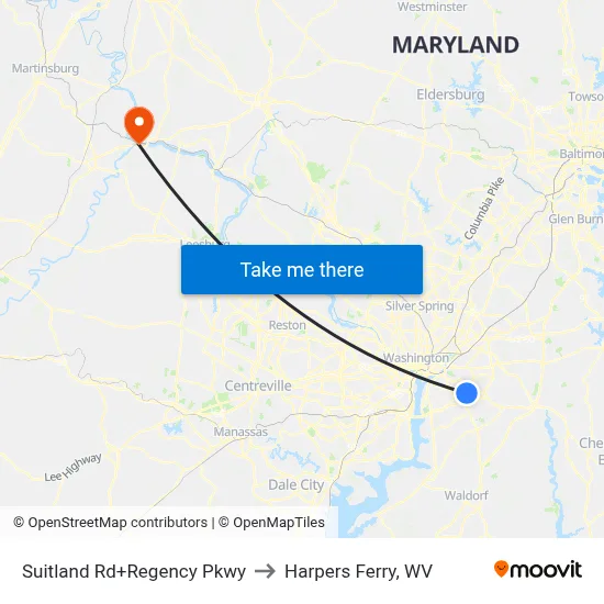 Suitland Rd+Regency Pkwy to Harpers Ferry, WV map