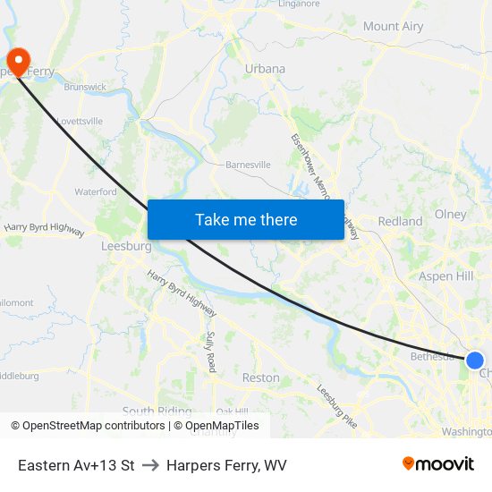 Eastern Av+13 St to Harpers Ferry, WV map