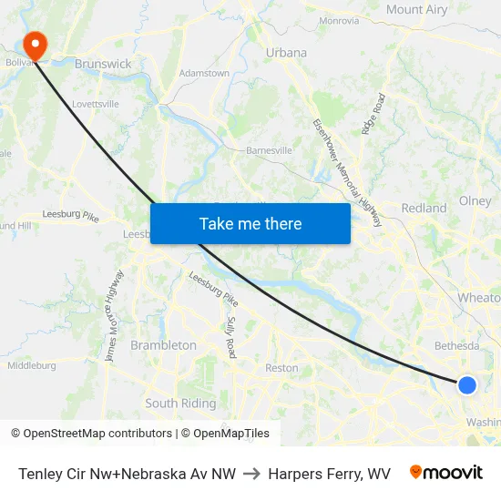 Tenley Cir Nw+Nebraska Av NW to Harpers Ferry, WV map