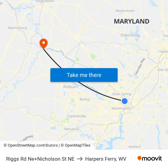 Riggs Rd Ne+Nicholson St NE to Harpers Ferry, WV map