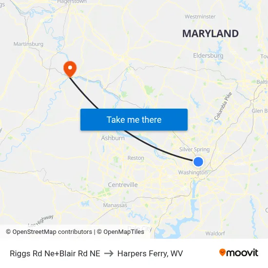 Riggs Rd Ne+Blair Rd NE to Harpers Ferry, WV map