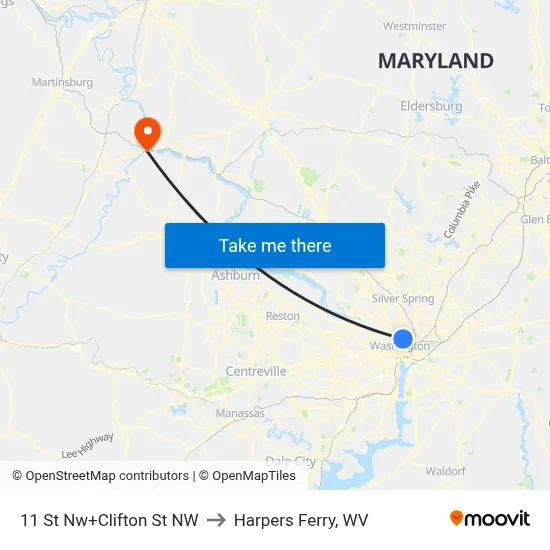 11 St Nw+Clifton St NW to Harpers Ferry, WV map
