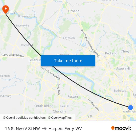 16 St Nw+V St NW to Harpers Ferry, WV map