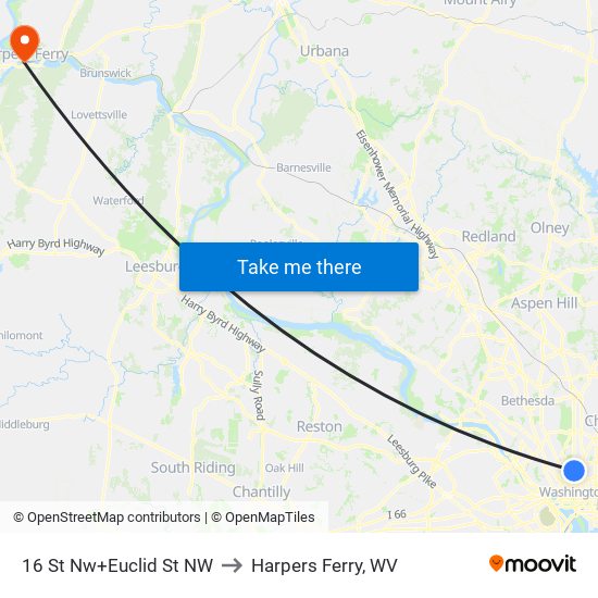 16 St Nw+Euclid St NW to Harpers Ferry, WV map