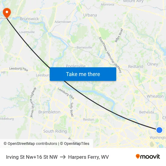 Irving St Nw+16 St NW to Harpers Ferry, WV map