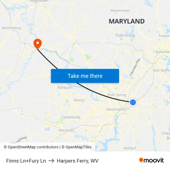 Finns Ln+Fury Ln to Harpers Ferry, WV map