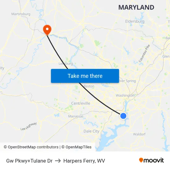 Gw Pkwy+Tulane Dr to Harpers Ferry, WV map