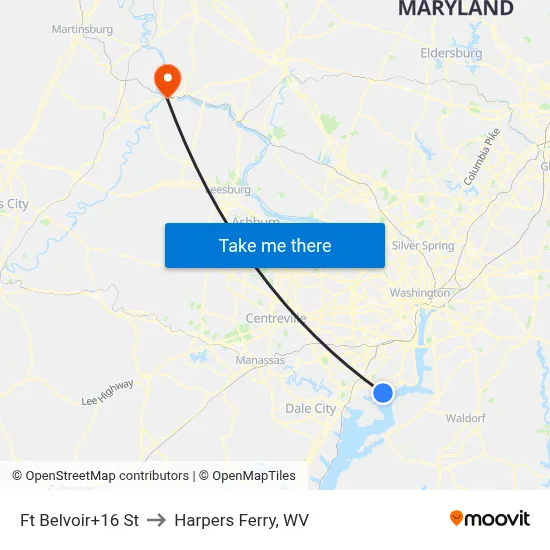 Ft Belvoir+16 St to Harpers Ferry, WV map