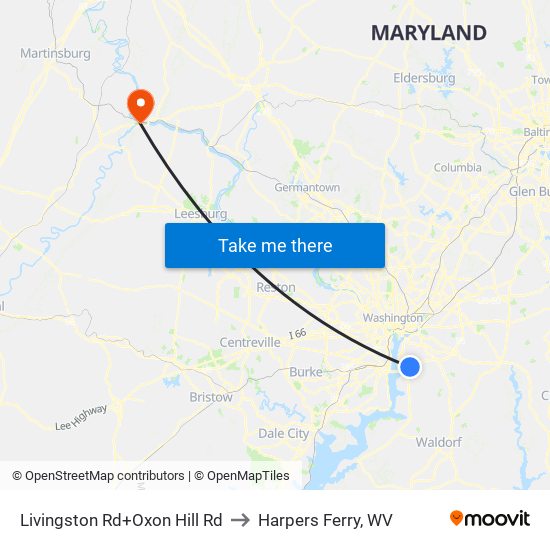 Livingston Rd+Oxon Hill Rd to Harpers Ferry, WV map