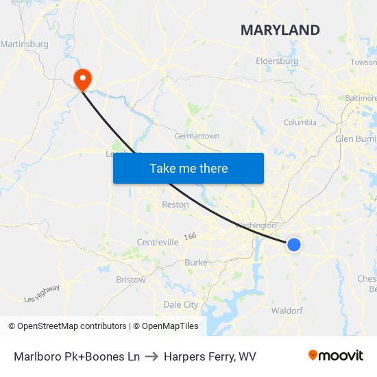 Marlboro Pk+Boones Ln to Harpers Ferry, WV map