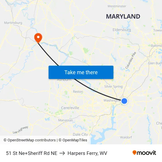 51 St Ne+Sheriff Rd NE to Harpers Ferry, WV map