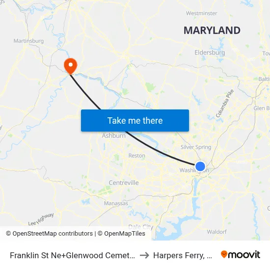 Franklin St Ne+Glenwood Cemetery to Harpers Ferry, WV map