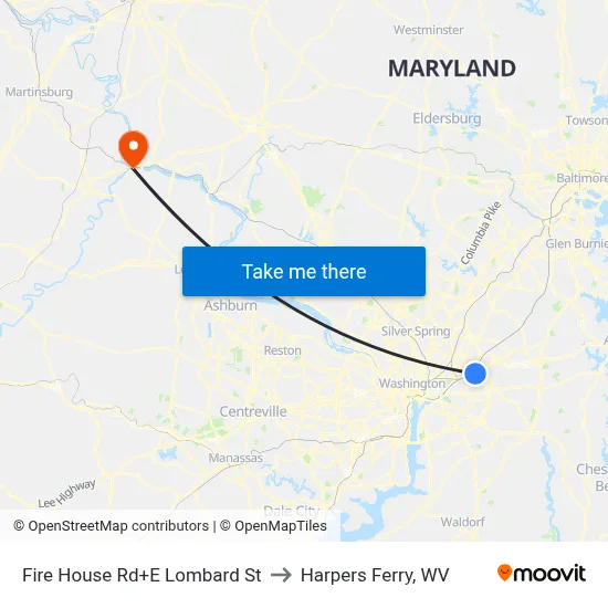 Fire House Rd+E Lombard St to Harpers Ferry, WV map