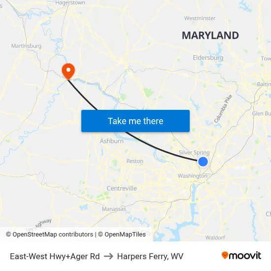 East-West Hwy+Ager Rd to Harpers Ferry, WV map
