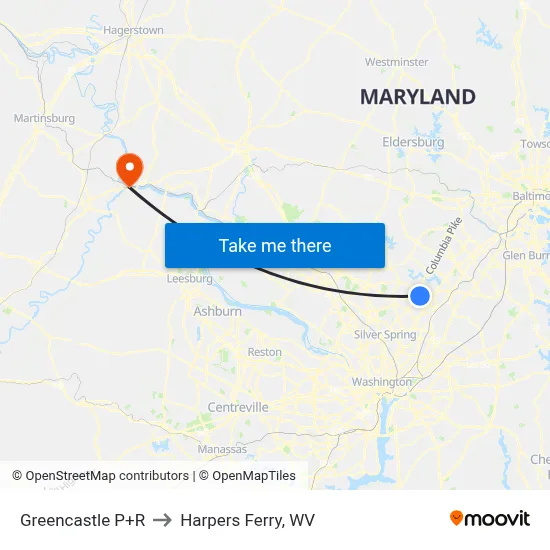 Greencastle P+R to Harpers Ferry, WV map