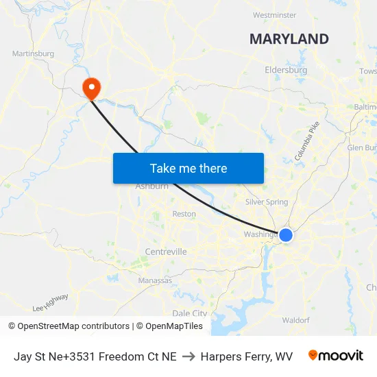 Jay St Ne+3531 Freedom Ct NE to Harpers Ferry, WV map