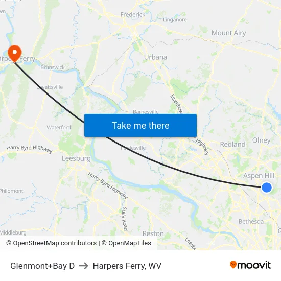 Glenmont+Bay D to Harpers Ferry, WV map