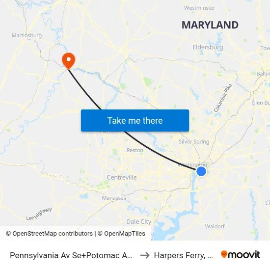 Pennsylvania Av Se+Potomac Av SE to Harpers Ferry, WV map