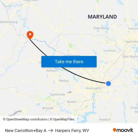 New Carrollton+Bay A to Harpers Ferry, WV map
