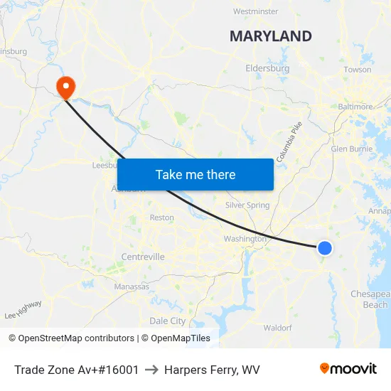 Trade Zone Av+#16001 to Harpers Ferry, WV map