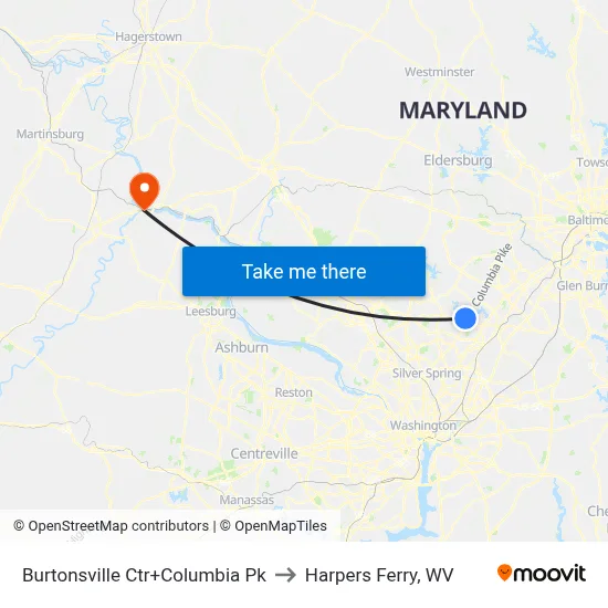 Burtonsville Ctr+Columbia Pk to Harpers Ferry, WV map