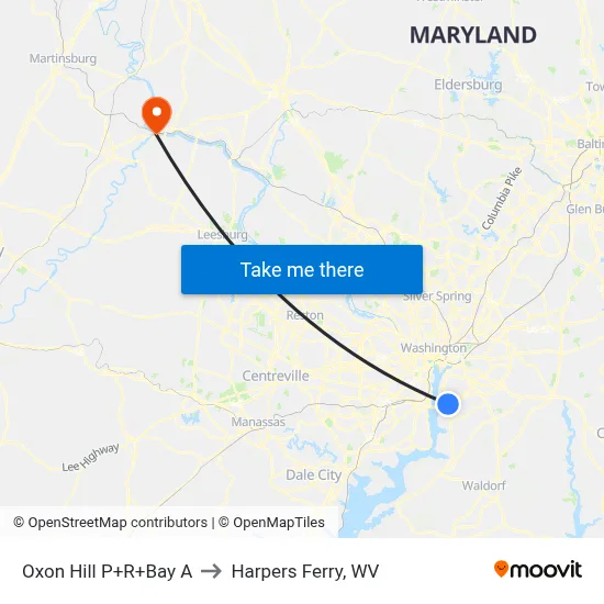 Oxon Hill P+R+Bay A to Harpers Ferry, WV map