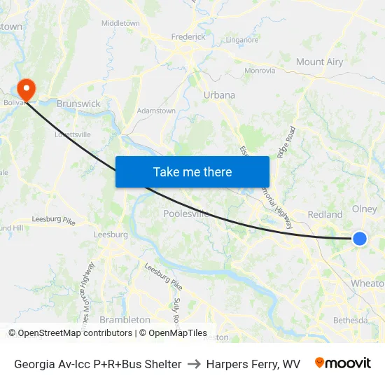 Georgia Av-Icc P+R+Bus Shelter to Harpers Ferry, WV map