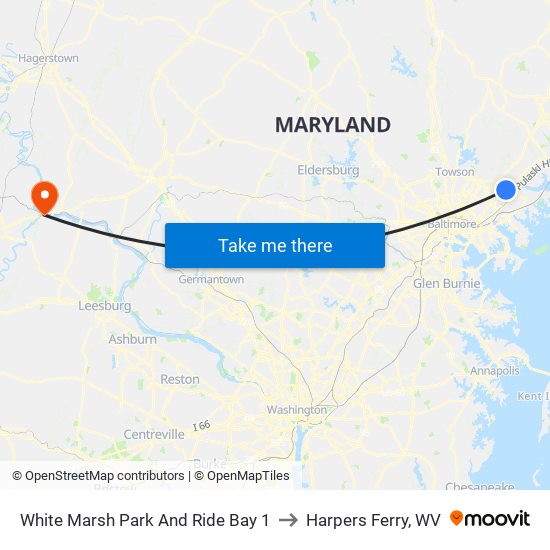 White Marsh Park And Ride Bay 1 to Harpers Ferry, WV map