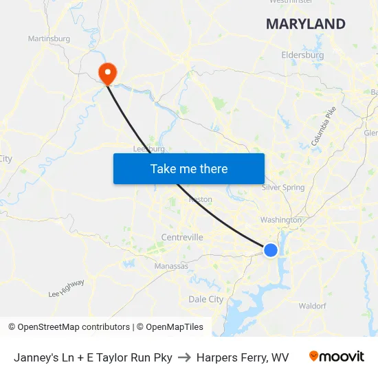 Janney's Ln + E Taylor Run Pky to Harpers Ferry, WV map