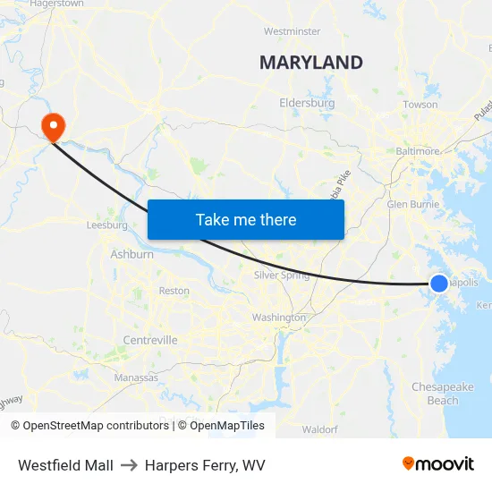 Westfield Mall to Harpers Ferry, WV map
