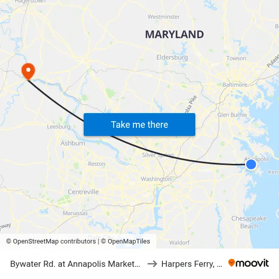 Bywater Rd. at Annapolis Marketplace to Harpers Ferry, WV map