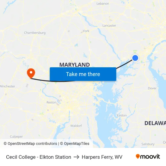Cecil College - Elkton Station to Harpers Ferry, WV map