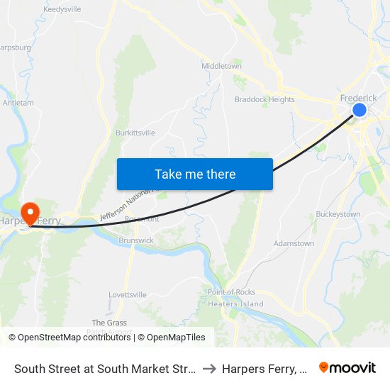 South Street at South Market Street to Harpers Ferry, WV map