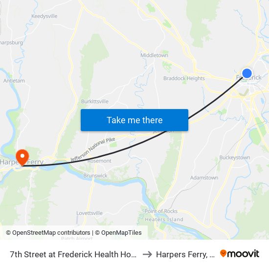 7th Street at Frederick Health Hospital to Harpers Ferry, WV map