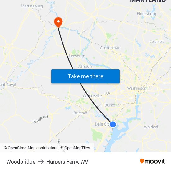 Woodbridge to Harpers Ferry, WV map