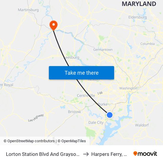 Lorton Station Blvd And Graysons to Harpers Ferry, WV map