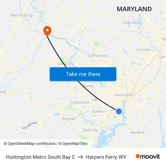 Huntington Metro South Bay C to Harpers Ferry, WV map