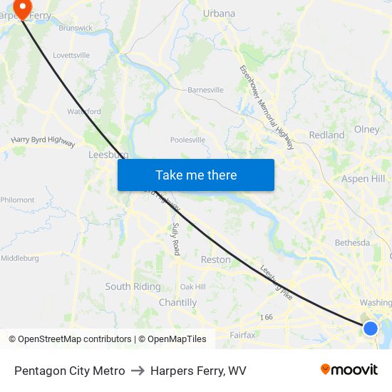 Pentagon City Metro to Harpers Ferry, WV map