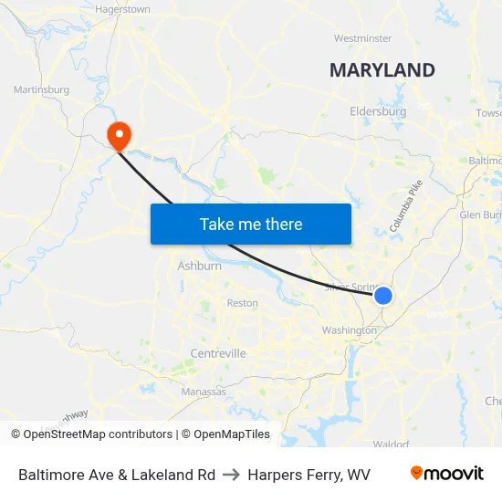 Baltimore Ave & Lakeland Rd to Harpers Ferry, WV map