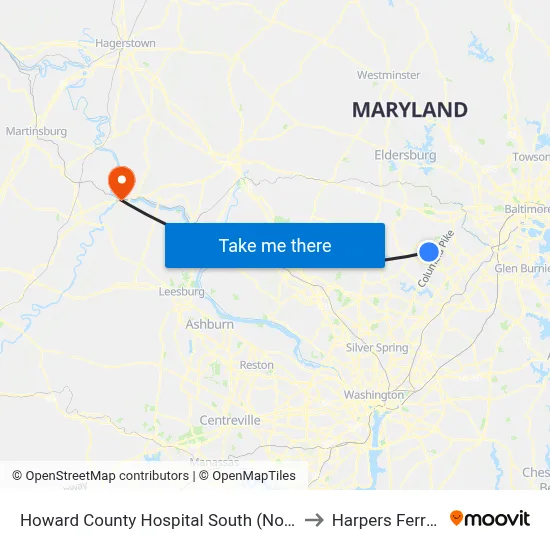 Howard County Hospital South (Northbound) to Harpers Ferry, WV map