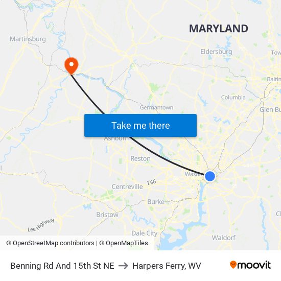 Benning Rd And 15th St NE to Harpers Ferry, WV map