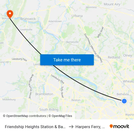 Friendship Heights Station & Bay E to Harpers Ferry, WV map