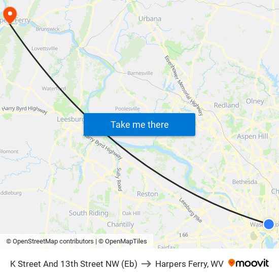 K Street And 13th Street NW (Eb) to Harpers Ferry, WV map