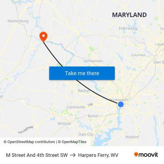 M Street And 4th Street SW to Harpers Ferry, WV map