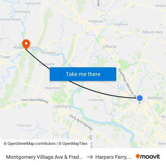 Montgomery Villiage Ave & Frederick to Harpers Ferry, WV map