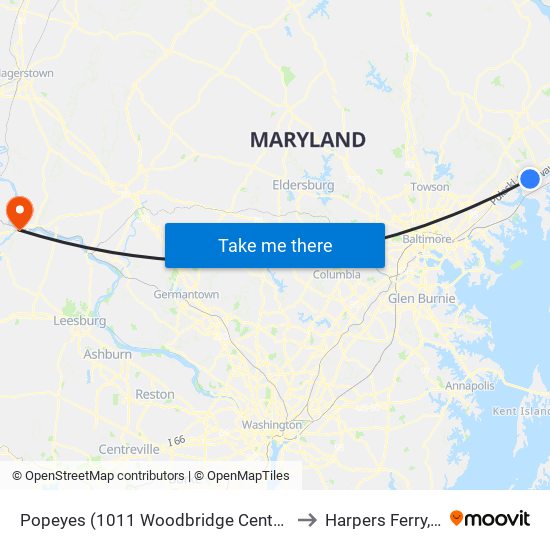 Popeyes (1011 Woodbridge Center Way) to Harpers Ferry, WV map