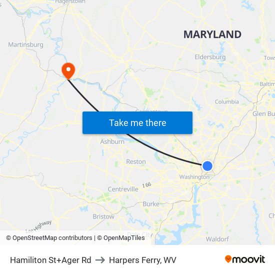 Hamiliton St+Ager Rd to Harpers Ferry, WV map