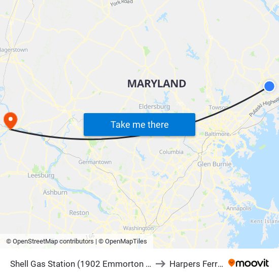 Shell Gas Station (1902 Emmorton Rd/Rt 924) to Harpers Ferry, WV map