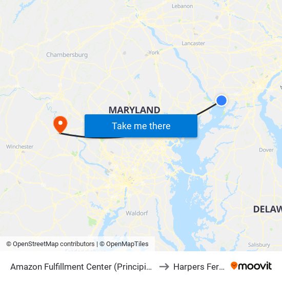 Amazon Fulfillment Center (Principio Pkwy West) to Harpers Ferry, WV map