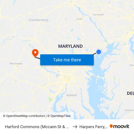 Harford Commons (Mccann St & Starr St) to Harpers Ferry, WV map